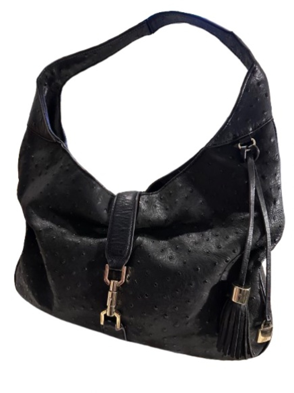 G.I.L.I. Black Ostrich-Embossed ‘Verona’ Hobo with Tassel and Gold Hardware